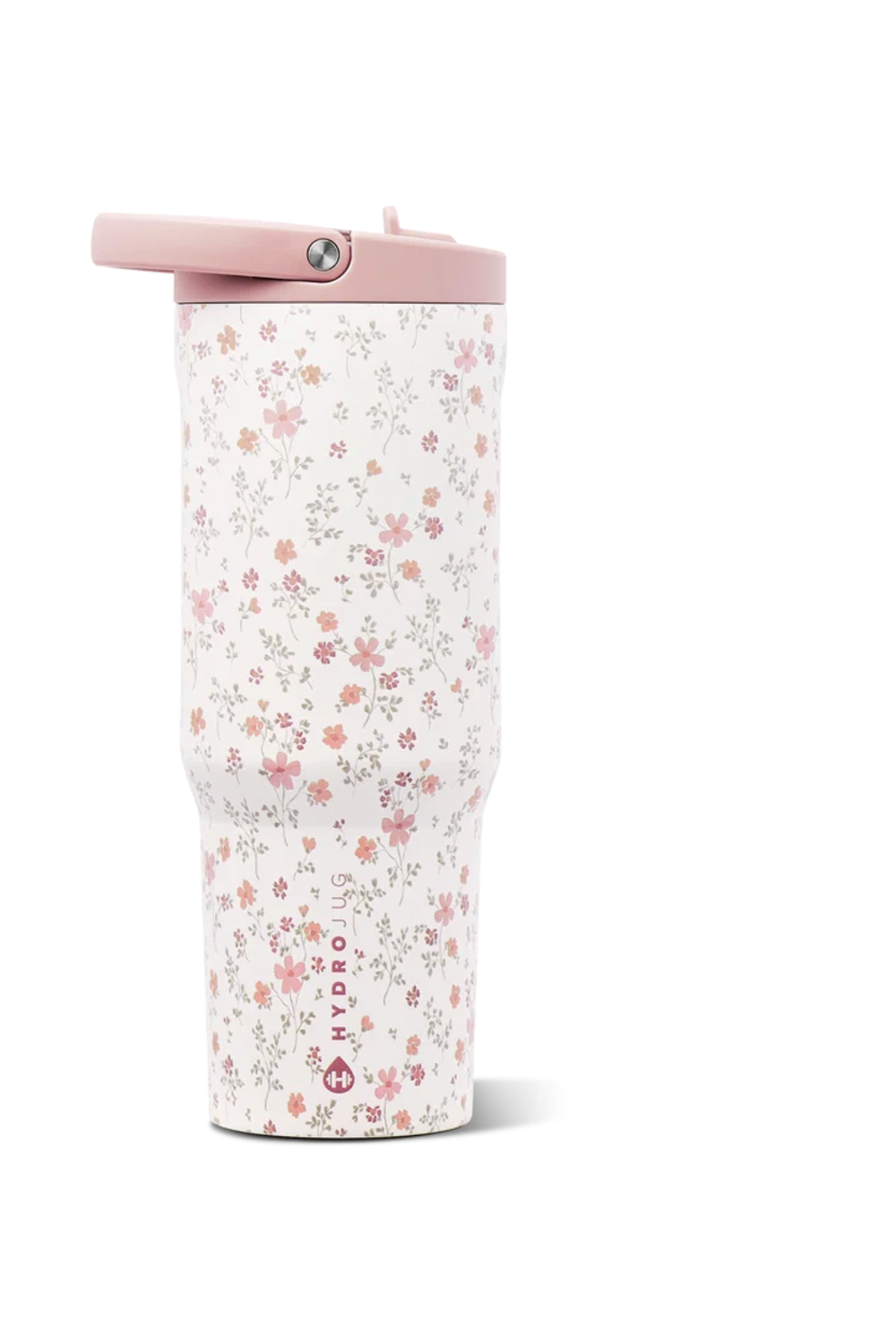 Hydro Flask travel tumbler with a white background and a delicate pink and red floral pattern, featuring a light pink lid and straw.