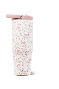 Hydro Flask travel tumbler with a white background and a delicate pink and red floral pattern, featuring a light pink lid and straw.