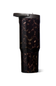 A tall travel tumbler with a glossy dark tortoiseshell pattern in black and brown, featuring a dark gray lid, shown on a plain white background.