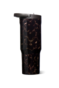 A tall travel tumbler with a glossy dark tortoiseshell pattern in black and brown, featuring a dark gray lid, shown on a plain white background.