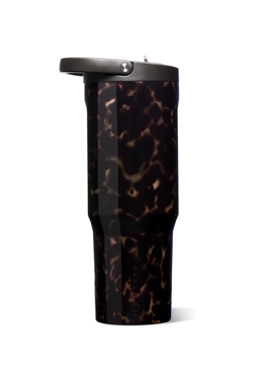 A tall travel tumbler with a glossy dark tortoiseshell pattern in black and brown, featuring a dark gray lid, shown on a plain white background.