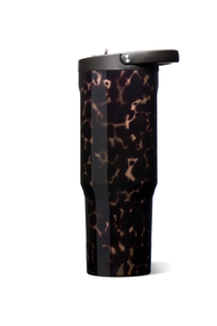 A travel tumbler with a glossy black and brown tortoiseshell pattern, featuring a black lid with a silver metal button, shown on a plain white background.