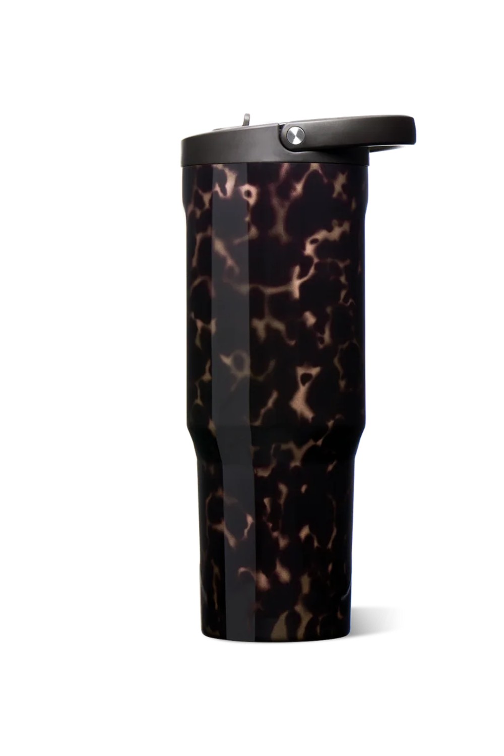 A travel tumbler with a glossy black and brown tortoiseshell pattern, featuring a black lid with a silver metal button, shown on a plain white background.