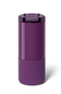 A purple insulated travel tumbler with a matching lid, featuring the embossed brand name on the lower half, set against a plain white background.