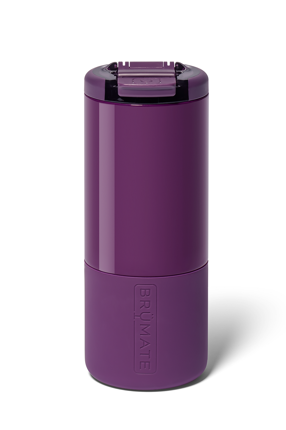 A purple insulated travel tumbler with a matching lid, featuring the embossed brand name on the lower half, set against a plain white background.