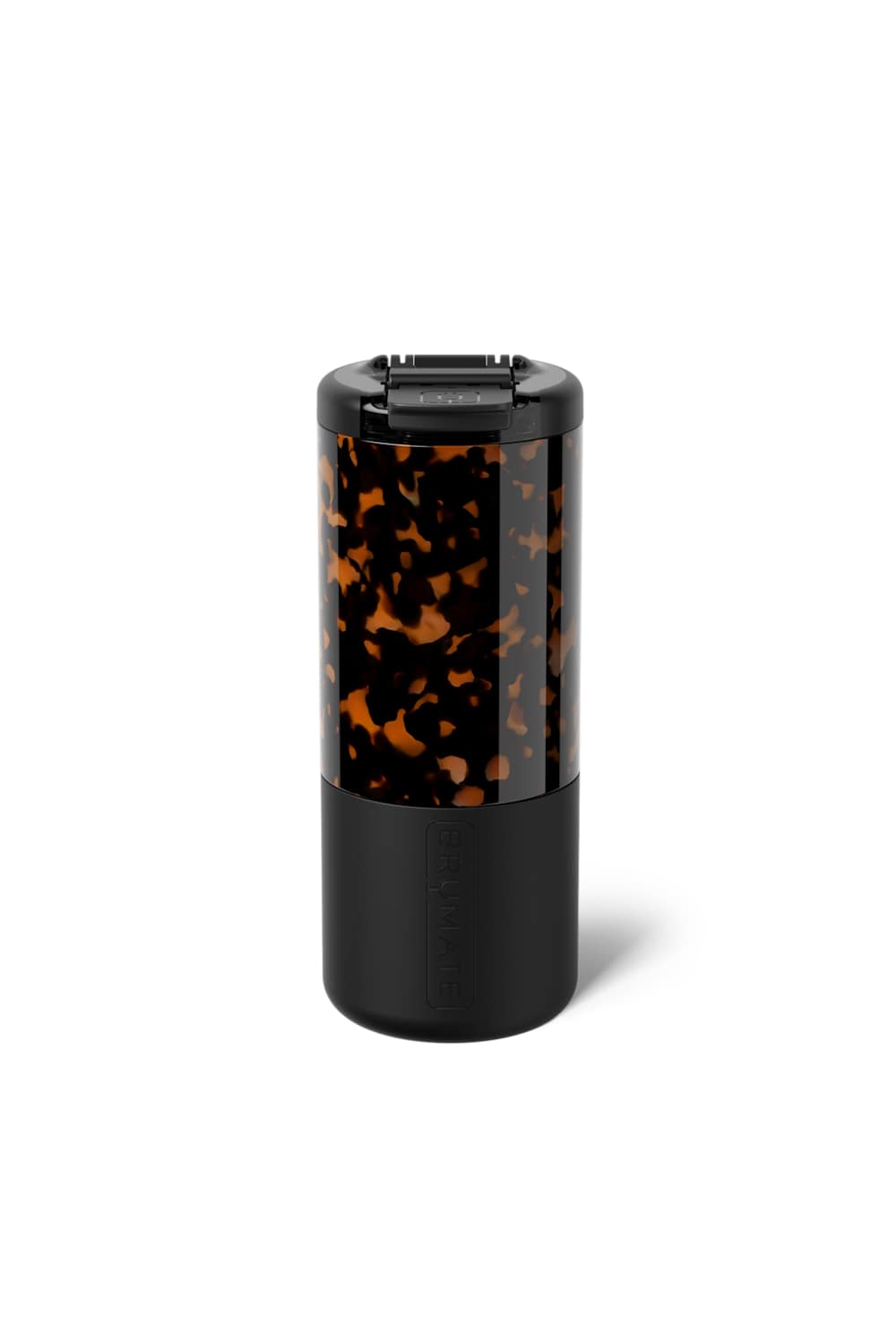 A cylindrical travel bottle with a black base and a tortoiseshell-patterned upper body, shown on a clean white background.