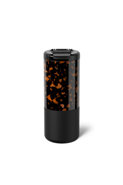 A cylindrical travel bottle with a black base and a tortoiseshell-patterned upper body, shown on a clean white background.