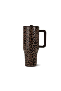 A tall travel tumbler with a brown and black leopard print pattern, featuring a black handle and lid, shown on a plain white background.