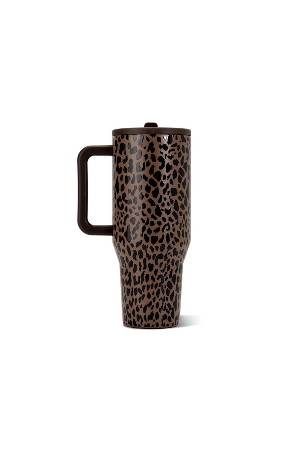 A tall travel mug with a dark brown handle and lid, featuring a brown and black leopard print pattern, shown on a plain white background.