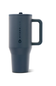 A dark slate blue HydroJug travel mug with a matching lid and handle, featuring the HydroJug logo printed vertically on the side, set against a plain white background.
