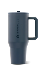 A dark slate blue HydroJug travel mug with a matching lid and handle, featuring the HydroJug logo printed vertically on the side, set against a plain white background.