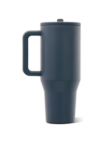 A matte dark slate blue travel mug with a matching handle and lid, shown on a clean white background.
