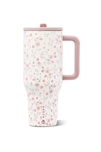 Hydro Flask travel mug with a white background and a delicate pink and orange floral pattern, featuring a dusty pink handle and lid.