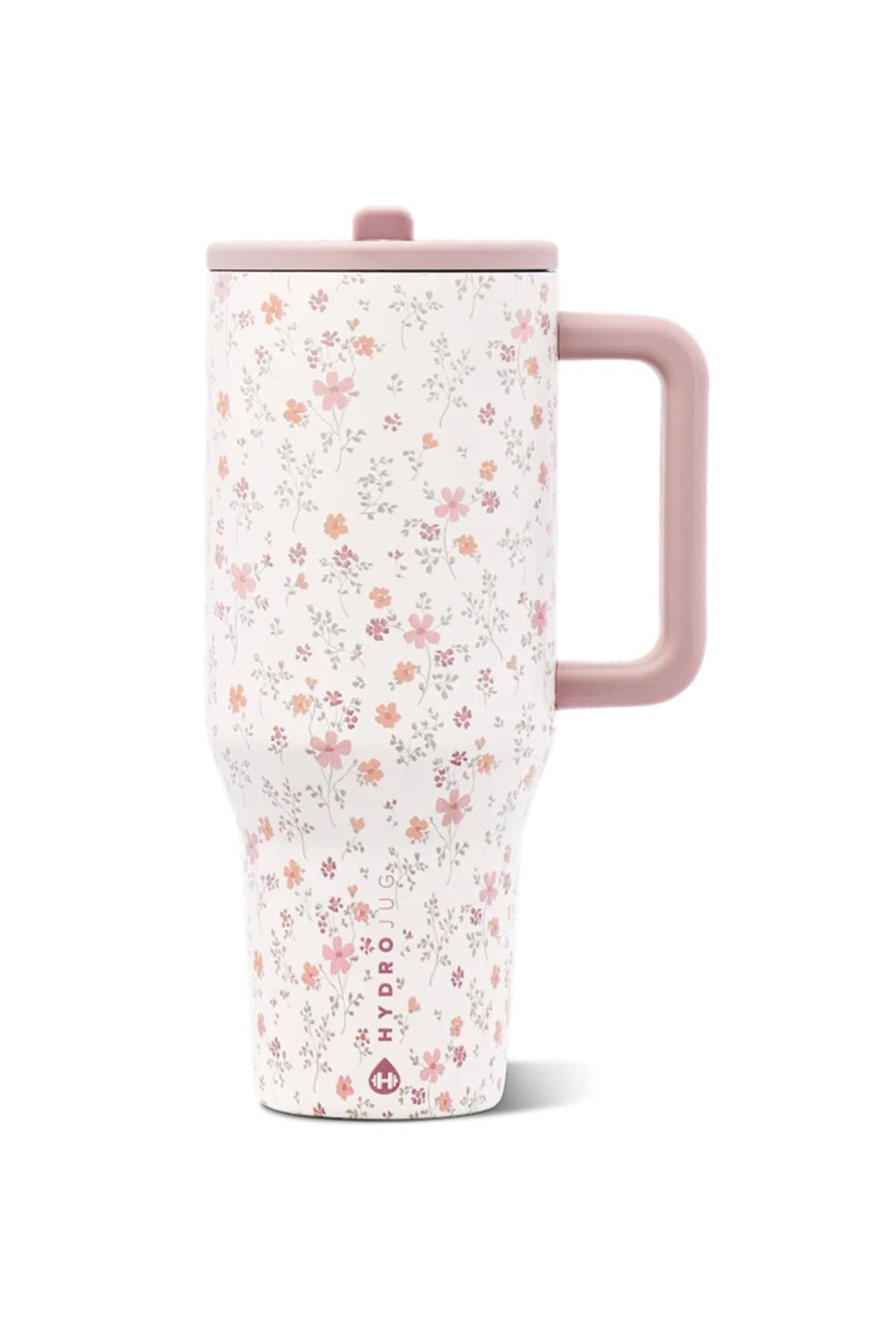 Hydro Flask travel mug with a white background and a delicate pink and orange floral pattern, featuring a dusty pink handle and lid.
