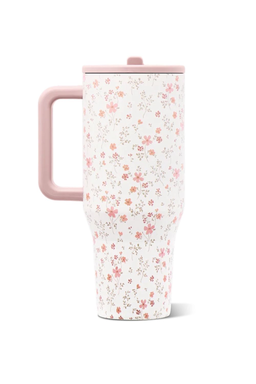 A tall travel tumbler with a pink handle and lid, decorated with a delicate pink and orange floral pattern on a white background.
