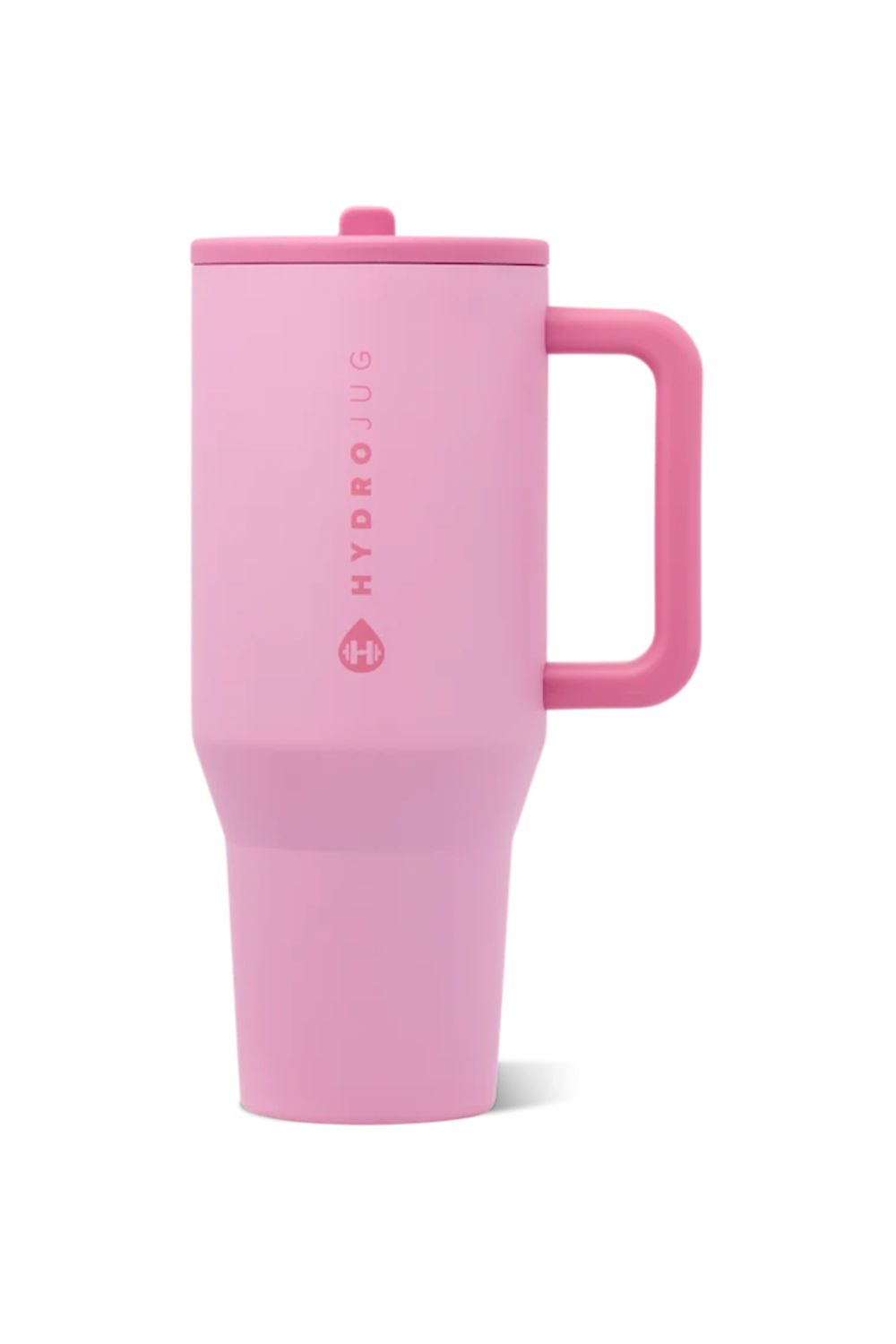 A pink HydroJug travel tumbler with a matching pink lid and handle, shown on a clean white background.