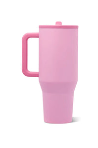 A matte pink travel tumbler with a matching pink handle and lid, shown on a clean white background.