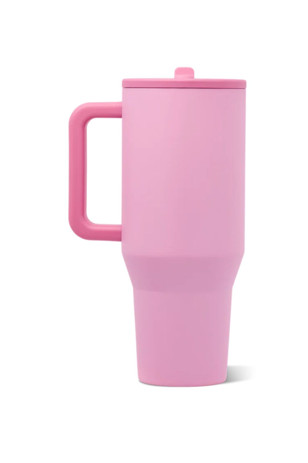 A matte pink travel tumbler with a matching pink handle and lid, shown on a clean white background.