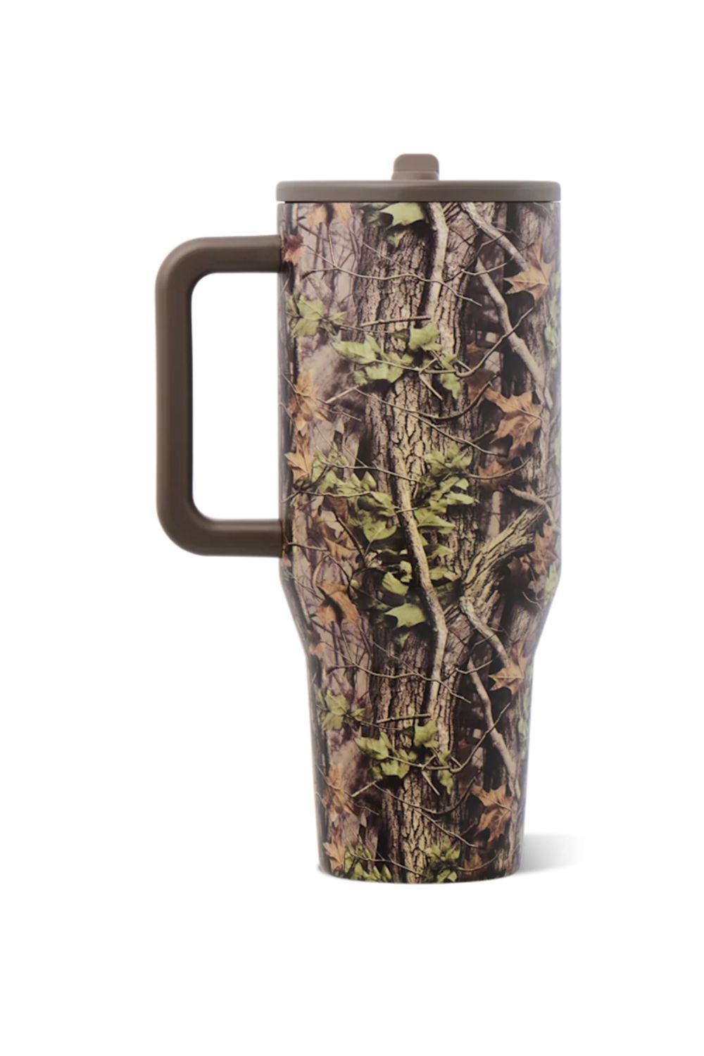 A travel tumbler with a woodland camouflage pattern featuring tree bark, leaves, and vines, complete with a brown handle and lid, shown on a plain white background.