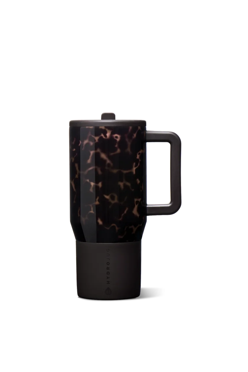 A black travel mug with a dark tortoiseshell pattern and a solid black base, featuring a handle and lid, on a clean white background.