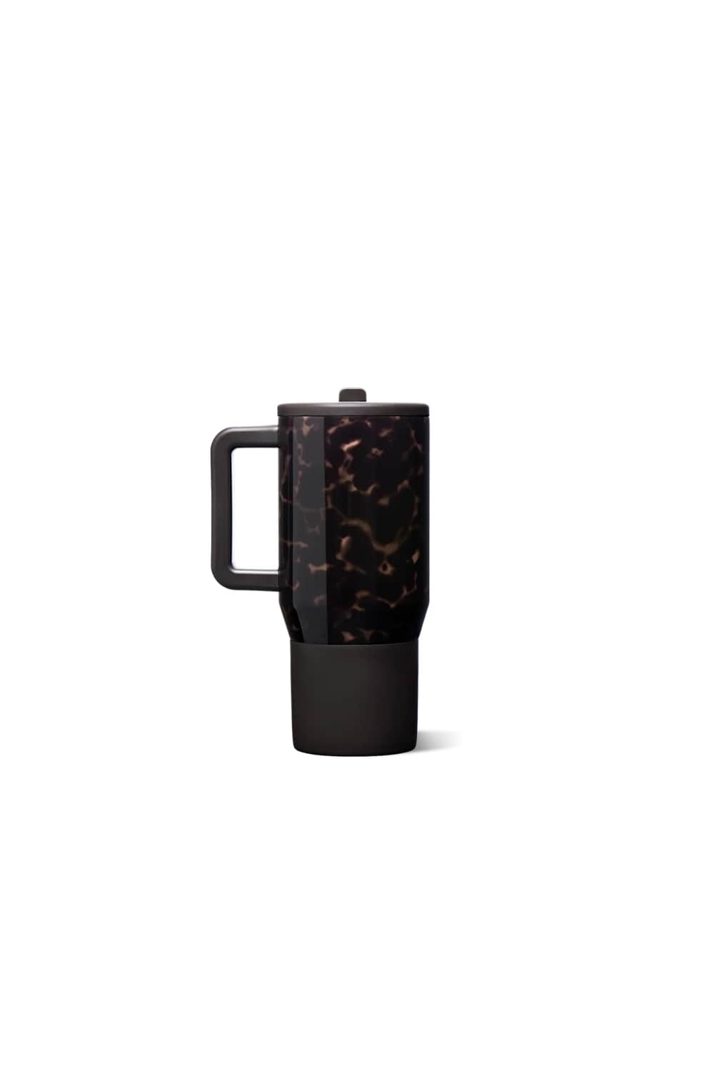 a black and brown patterned travel mug.