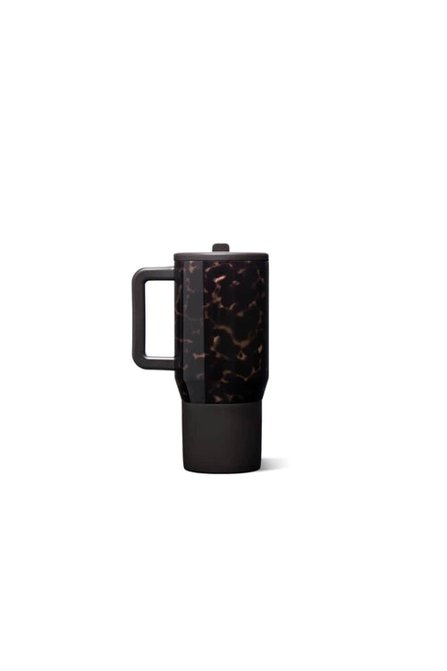 a black and brown patterned travel mug.