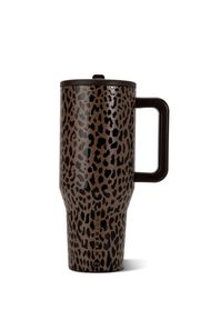 A travel tumbler with a brown and black leopard print pattern, featuring a dark brown handle and lid, shown on a plain white background.