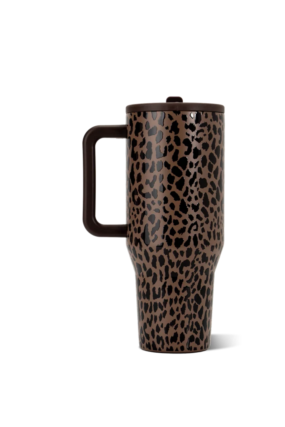 A tall travel tumbler with a brown and black leopard print pattern, featuring a dark brown handle and matching lid, shown on a plain white background.