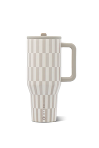 A travel tumbler with a handle and lid, featuring a vertical checkerboard pattern in beige and off-white, with a small vertical brand logo near the base.