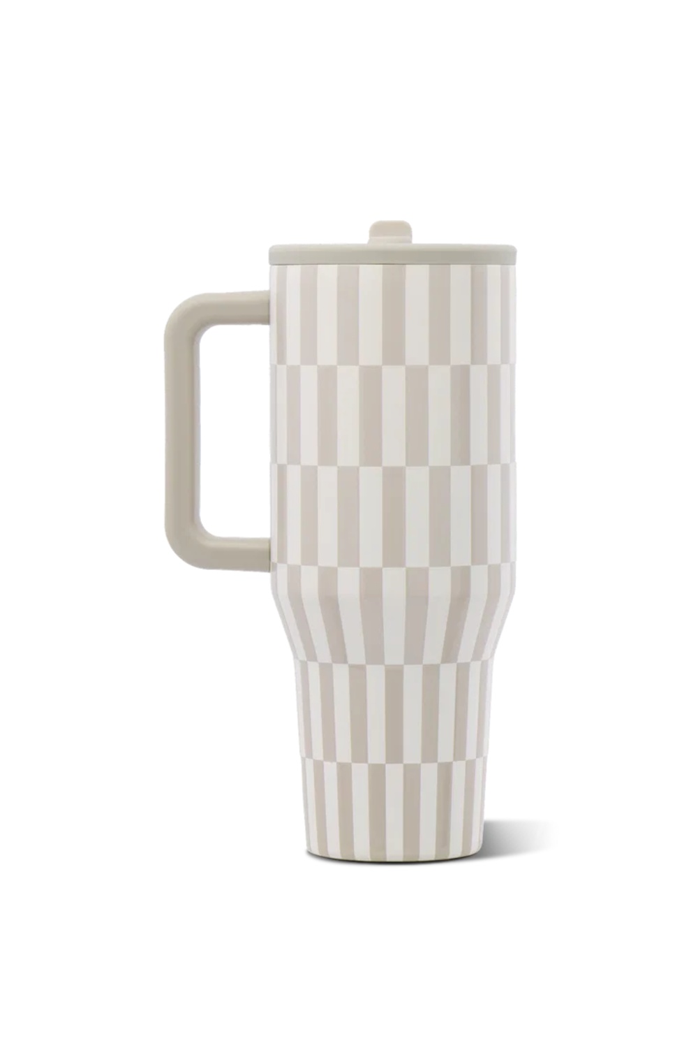 A travel tumbler with a handle and lid, featuring a vertical checkerboard pattern in warm beige and off-white tones, shown on a solid white background.