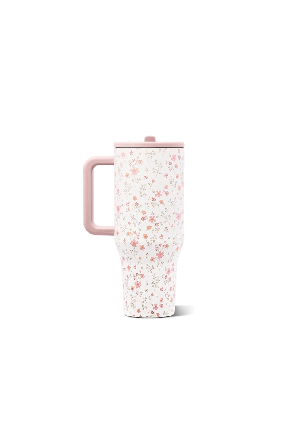 A tall travel mug with a pink handle and lid, decorated with a delicate pink and red floral pattern on a white background, shown against a plain white studio backdrop.