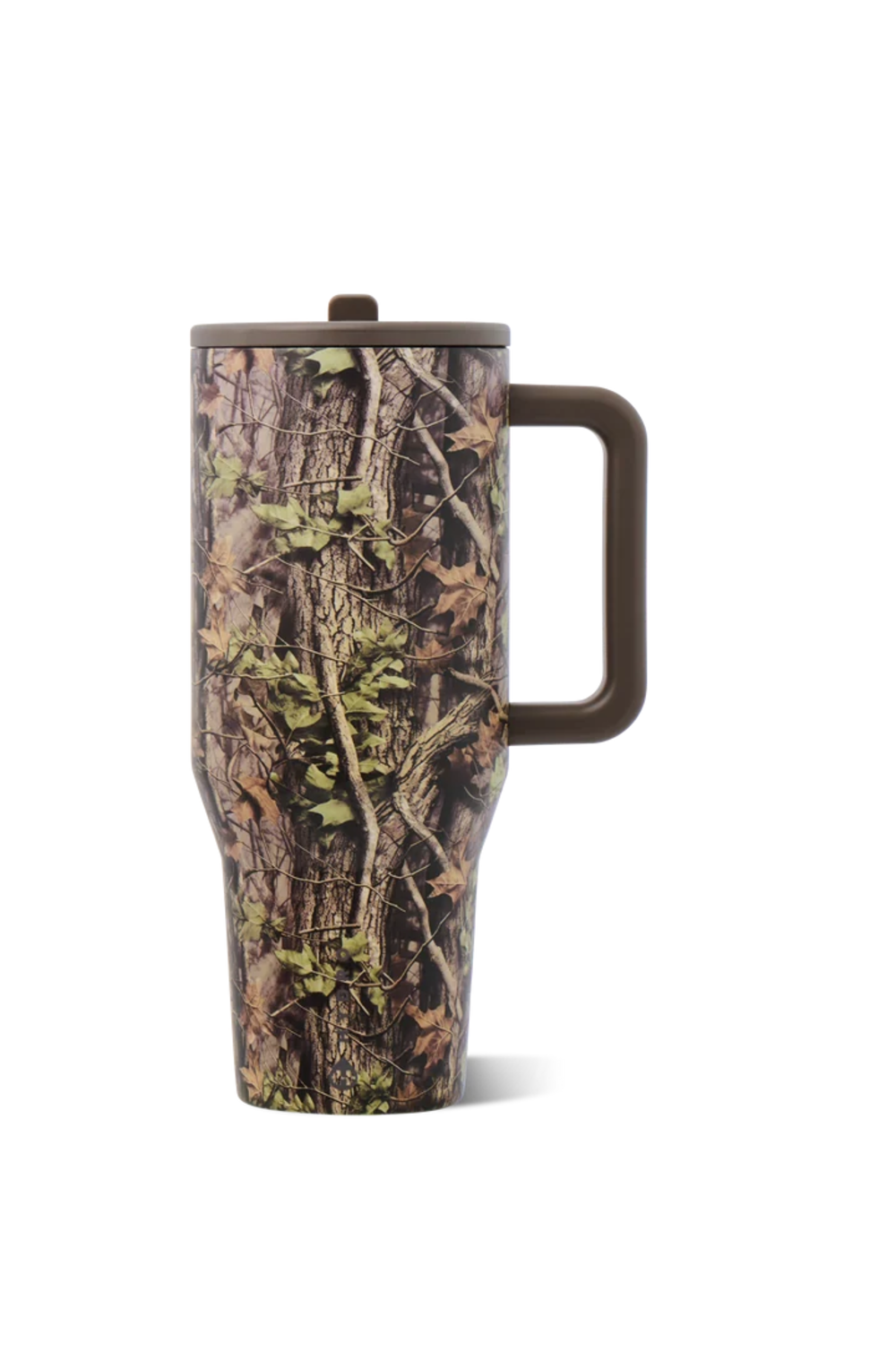 A tall insulated travel mug with a woodland camouflage pattern, featuring a dark brown handle and lid, shown on a plain white background.