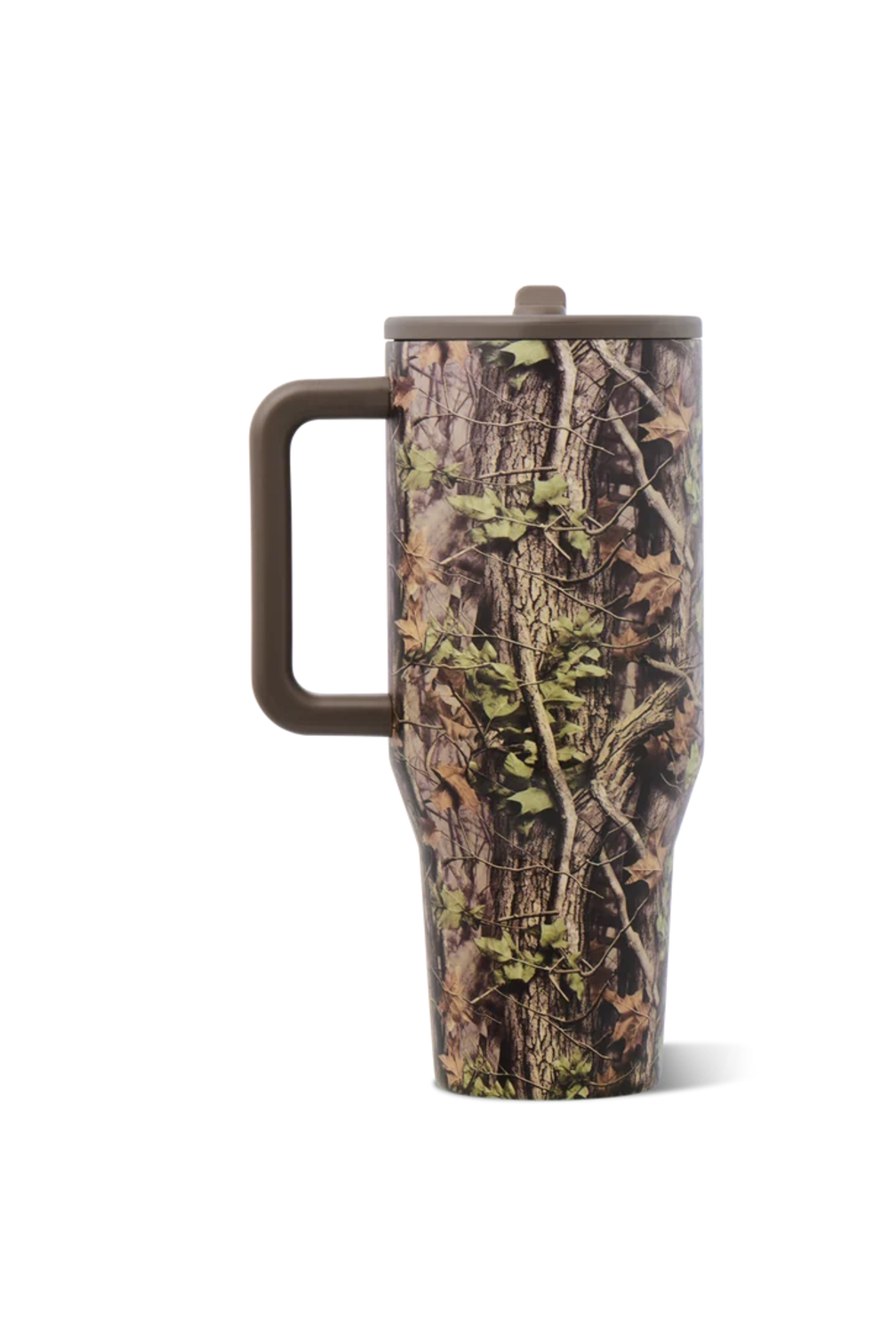 A tall travel mug with a brown handle and lid, featuring a realistic tree bark and leaf camouflage pattern, shown on a white background.