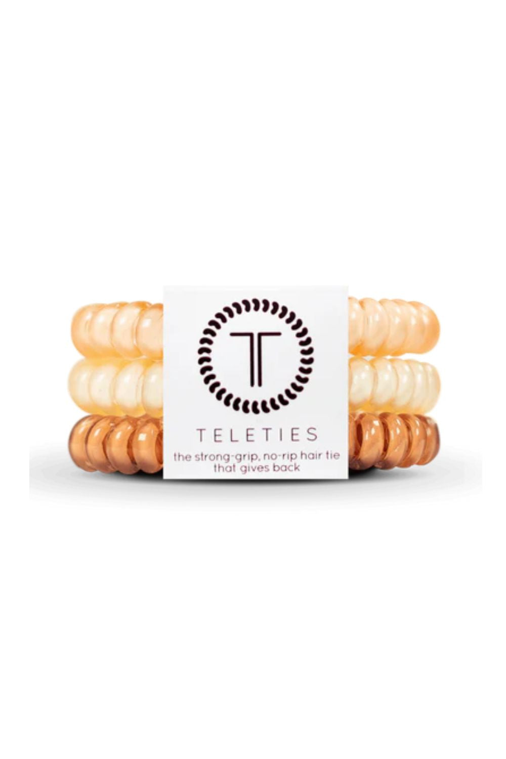Stack of hair ties with 'Teleties' packaging on a white background