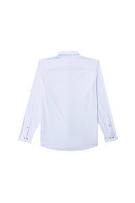 A light blue long-sleeve button-down shirt shown from the back, laid flat against a solid white background.
