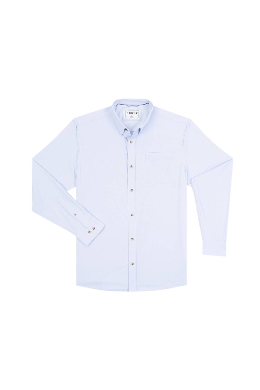 A light blue long-sleeve button-down shirt with a single chest pocket, laid flat against a solid white background.