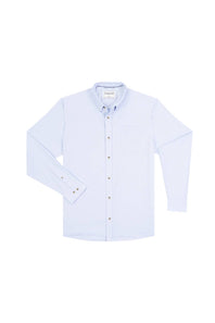 A light blue long-sleeve button-down shirt with a single chest pocket, laid flat against a solid white background.