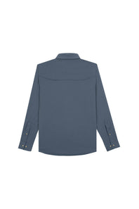A long-sleeve button-up shirt in slate blue, featuring two chest flap pockets with snap buttons and gold-tone metal snaps, displayed on a clean white background.