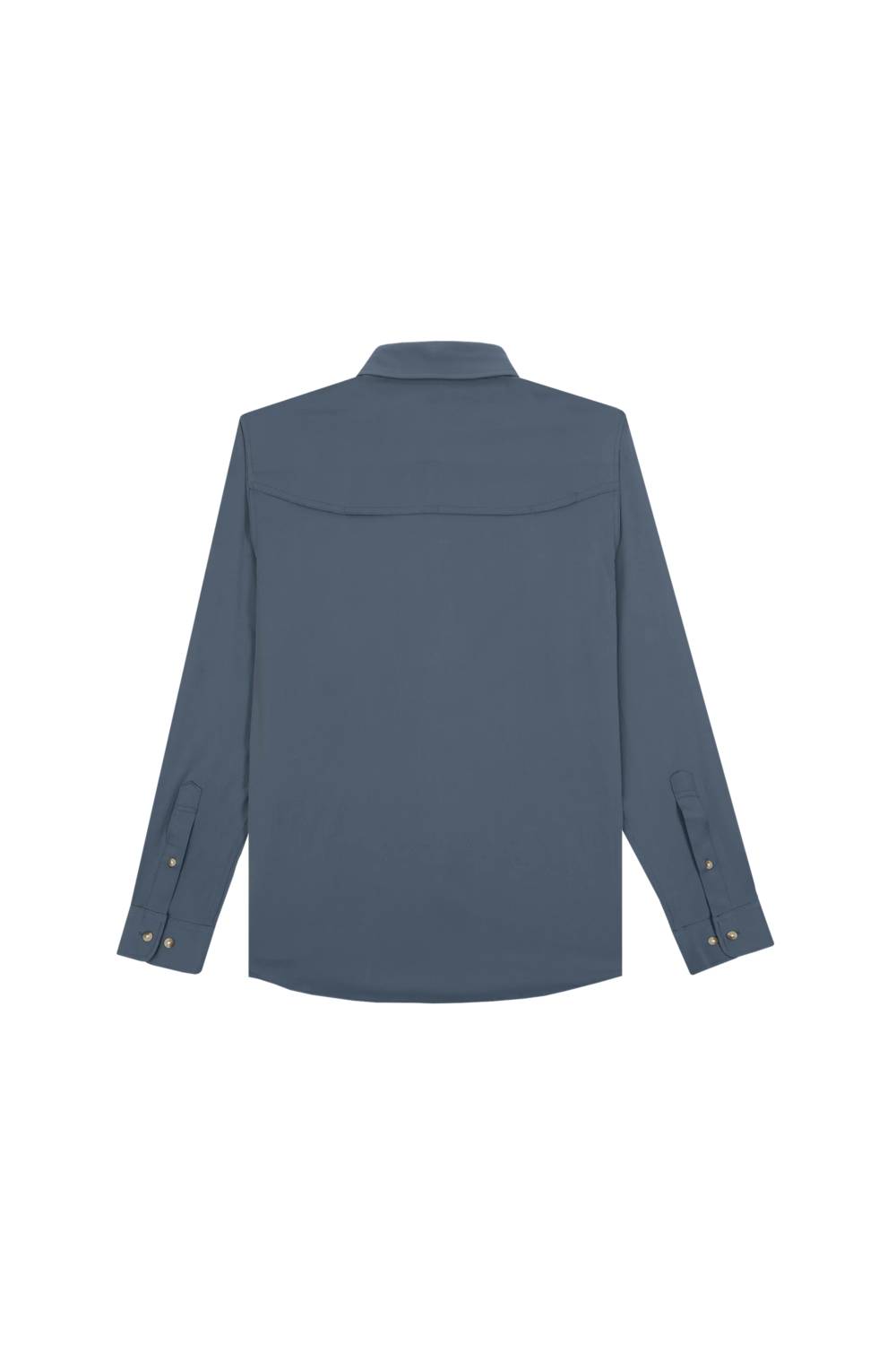A long-sleeve button-up shirt in slate blue, featuring two chest flap pockets with snap buttons and gold-tone metal snaps, displayed on a clean white background.
