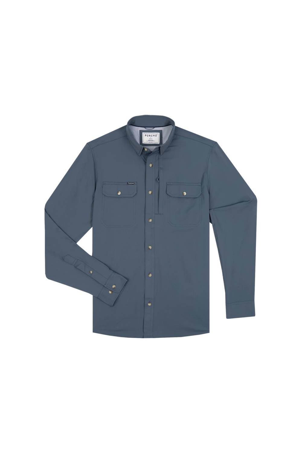 A long-sleeve button-up shirt in slate blue, featuring two chest flap pockets with snap buttons and gold-tone metal snaps, displayed on a clean white background.