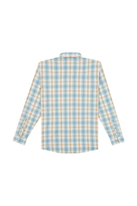 A long-sleeve plaid button-up shirt shown from the back, featuring a pattern of light blue, beige, and white intersecting lines on a white background.