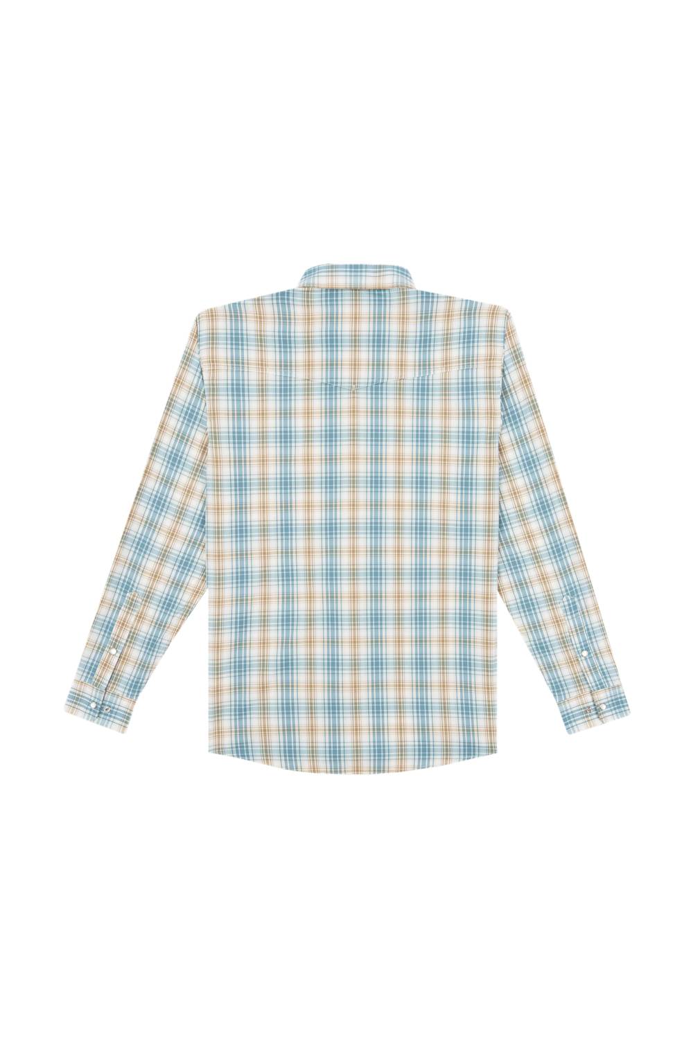 A long-sleeve plaid button-up shirt shown from the back, featuring a pattern of light blue, beige, and white intersecting lines on a white background.
