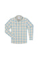 A long-sleeve plaid button-up shirt in a light blue, beige, and white pattern, displayed flat against a solid white background.