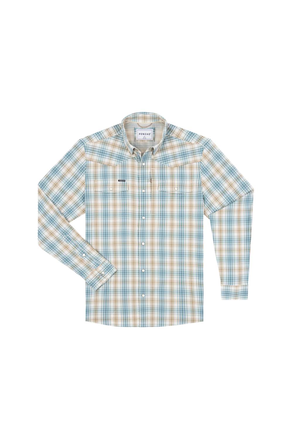 A long-sleeve plaid button-up shirt in a light blue, beige, and white pattern, displayed flat against a solid white background.