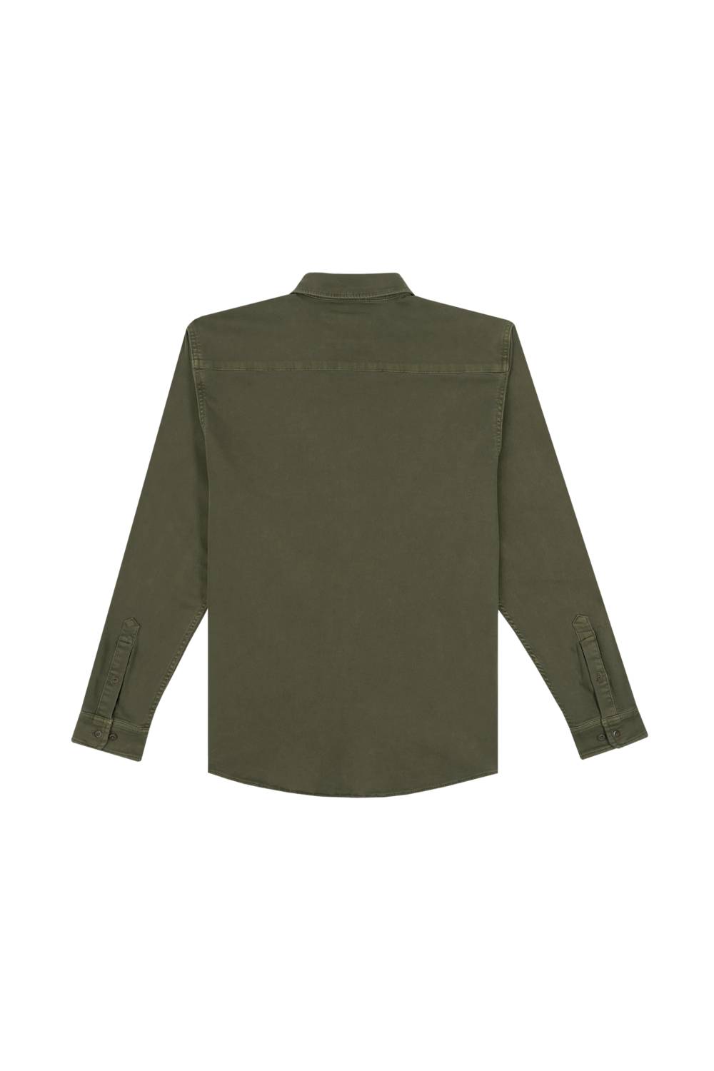 An olive green long-sleeve button-up shirt shown from the back, laid flat against a solid white background.