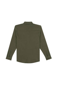 An olive green long-sleeve button-up shirt shown from the back, laid flat against a solid white background.