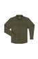 An olive green long-sleeve button-up shirt with two chest flap pockets, displayed flat against a plain white background.