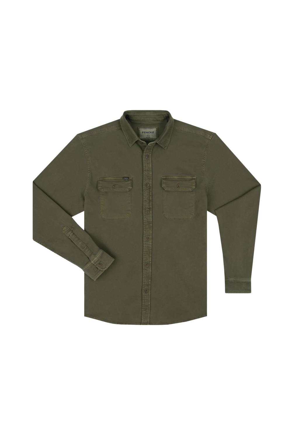 An olive green long-sleeve button-up shirt with two chest flap pockets, displayed flat against a plain white background.