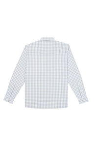 A long-sleeve button-up shirt with a fine blue and white windowpane check pattern, shown from the back on a plain white background.