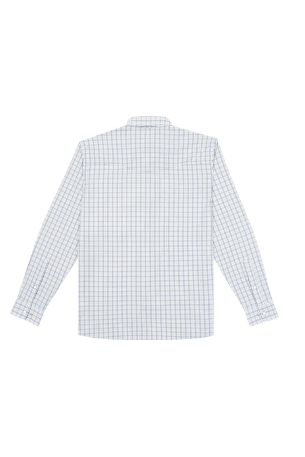 A long-sleeve button-up shirt with a fine blue and white windowpane check pattern, shown from the back on a plain white background.